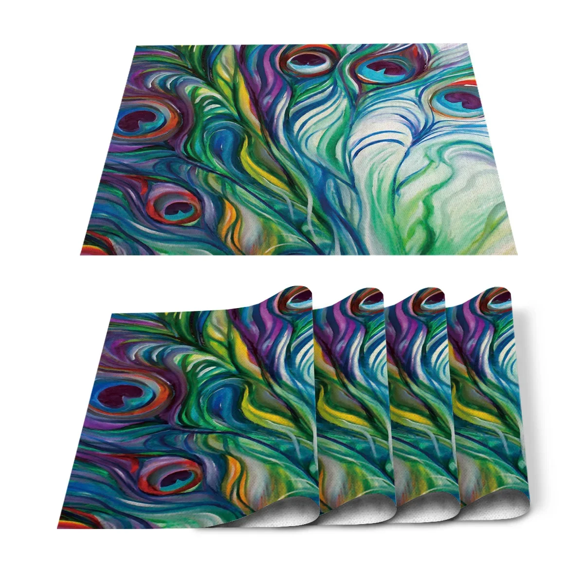 Linen Napkin Set - 4pcs Set Table Mats Peacock Feather
