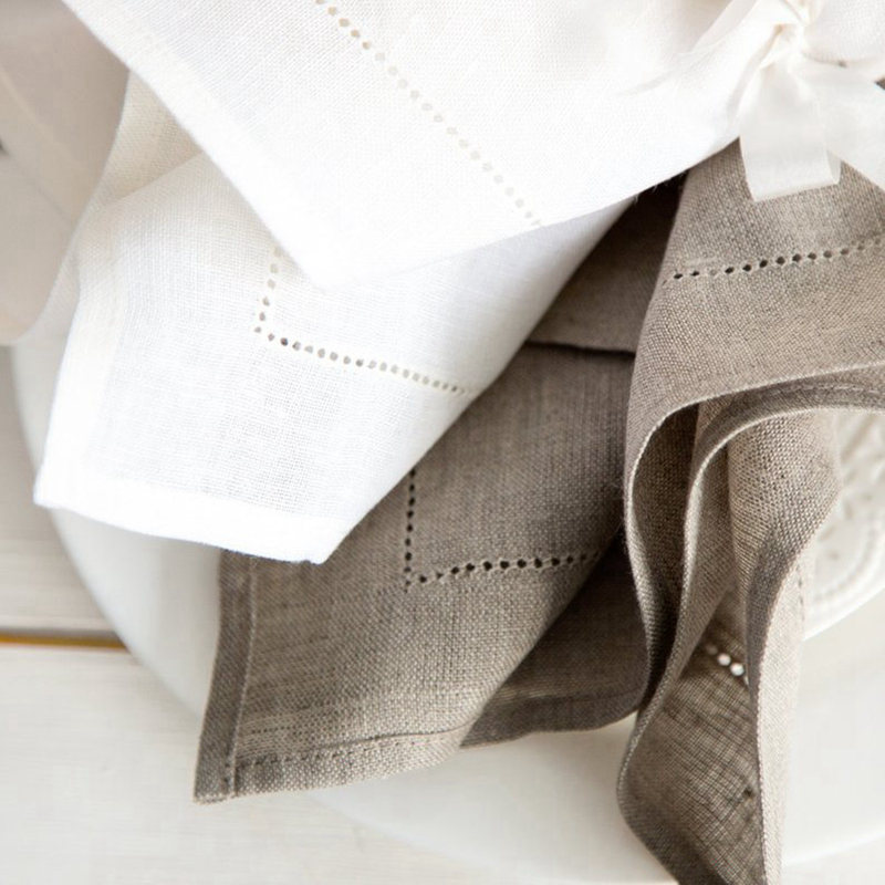 Linen Napkin Set - 6 Pieces White Hemstitch Napkins Cocktail